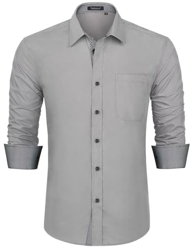 Enlision Camisas Hombre Manga Larga de Vestir Casual Camisa Hombre con Bolsillo Formales Boda Camisa Traje Hombre Gris Claro L