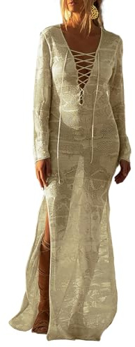NLAND Robe de Plage Femme Col V Maillot de Bain Bikini Cover Up Cache Maillots et Sarongs Sexy Beachwear Crochet Longue Dress Robe de Soirée