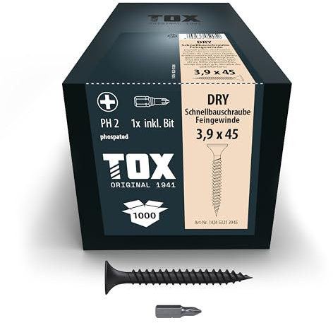 TOX Schnellbauschrauben DRY FG 3,9 x 45 mm, Schrauben schwarz phosphatiert mit Trompetenkopf + Feingewinde, Gipskartonplatte auf Metall-Unterkonstruktion, PH2, 1000 Stück, inkl. 1x Bit, 142453213945