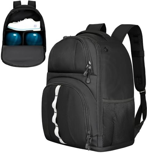 Bowling-Rucksack mit 2 Bällen, Bowlingball-Tasche mit Schuhfach und portektiver Schaumstoffpolsterung, passend für Schuhe bis Größe 44, Schwarz, Bowling