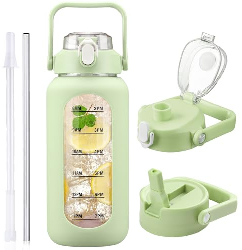 HYDRAGLAZIC 2L Glass Water Bottle with 2 Lids Flip and Chug Lids 2 Liter Large Water Jug with Time Marker and Silicone Sleeve BPA Free Leak-proof for Sports Gym, Light Green