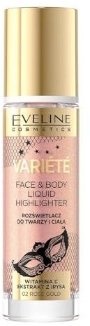 Eveline Cosmetics Variete Surligneur liquide pour visage et corps N° 02 Rose Gold, formule universelle avec vitamine C et extrait d'iris, végétalien, 30 ml