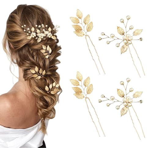 Yeomju 4 pezzi Forcine per capelli da sposa foglie dorate perle di cristallo vintage copricapo da sposa accessori per capelli gioielli con strass per spose damigelle damigelle d'onore ragazza