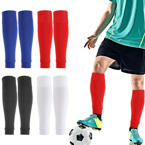 4 Paia di calzini da calcio senza piede, calzini da calcio senza piede, mangas de calcetines de futbol para hombres, calcetines de futbol manga, adatti per calcio,basket,ecc(nero+bianco+rosso+blu)