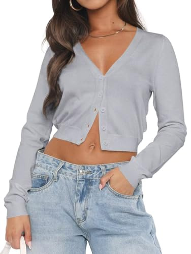 LACOZY Women's Elegant Knit Cardigan Cropped Long Sleeve Shrugs Spring Summer Autumn Coat Mini Jacket Bolero for Weddings Party Grey M