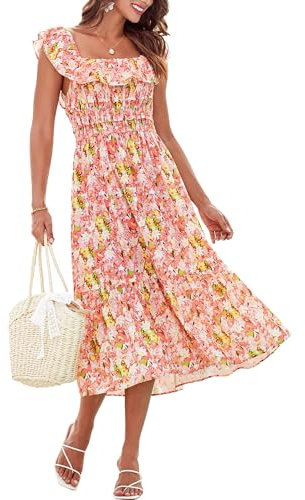 GRACE KARIN Women's Summer A Line Midi Dress Sleeveless Elegant Wedding Guest Dresses with Flutter Sleeves CL15-02/Orange Yellow Flowers XL