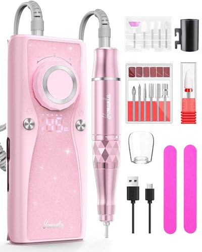 yomanta Nagelfräser professionell set 45000 RPM Tragbare Elektrische nagelfräser 10H+Batterielebensdauer Wiederaufladbar nagelfräser für gelnägel, LCD-Anzeige Einstellbare Drehrichtung-Rosa