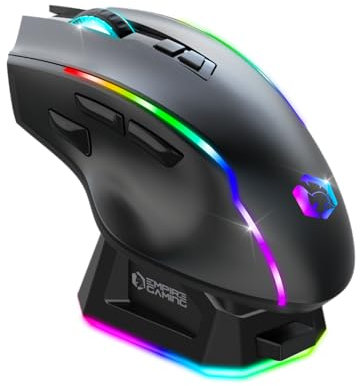 EMPIRE GAMING RF908 – kabellose Maus, wiederaufladbar, magnetische Ladestation, RGB – 10.000 dpi, 8 programmierbare Tasten, WiFi 2,4 GHz / BT / USB-C (schwarz)