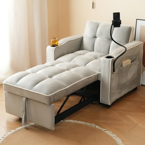 KOMHTOM Canapé-lit Simple Extensible avec Porte-gobelet et Support pour Téléphone Portable, Fauteuil avec Poche de Rangement Latérale, pour Salon, Chambre à Coucher (Gris Blanc Antique)