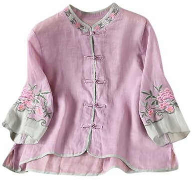 TURWXGSO 3/4 Sleeve Tops for Women Embroidered T-Shirt Linen Blend Blouse - Boho Loose Fit Summer Women Vintage Cheongsam Shirts Hanfu Chinese Traditional Tang Suit Button Up Blouse M-3XL