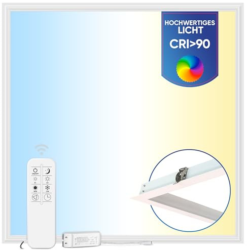 LECOM LED Panel 62x62 mit Einbaurahmen - Dimmbar mit Fernbedienung CCT 3000–6000K CRI90 Flach Deckenleuchte Einbau Trockenbau Deckenlampe für Holz- und Rigipskartondecken