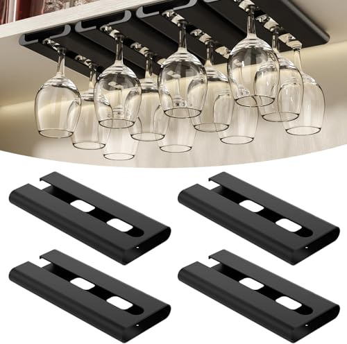 Mxdzshy 4 Piezas Soporte para Copas de Vino Colgante Colgador Copas Sin Taladrar Estante Copas Vino Debajo Gabinete Estante para Colgar Copas Cuelga Copas para Bar Cocina Restaurante (Negro)