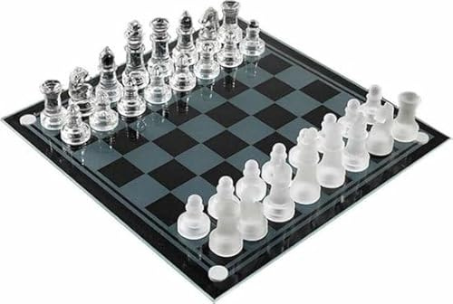 FercasaShop® Set di Scacchi in Vetro di Cristallo Artigianale, Scacchiera 25x25 cm, Pezzi Trasparenti e Smerigliati, Re Altezza 5,8 cm, Gioco da Tavolo Decorativo