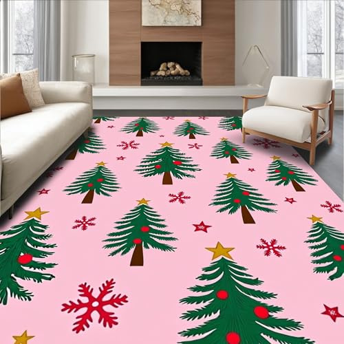 Flatwoven High Traffic Area Rug 8x10, Festive Evergreen Tree Punch Needle Design with Whimsical Holiday Motifs, Non Slip, Stain Resistant, Washable Area Rugs for Living Room, Bedroom (Pink, 8x10)