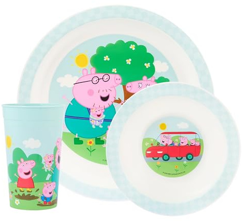 Peppa Pig 3 Piece Polypropylene Dinner Set, Tumbler Bowl and Plate, Children's Dinnerware Featuring Peppa, Mummy, Daddy, George and Evie Pig, Microwave and Dishwasher Safe, 36 Months Plus
