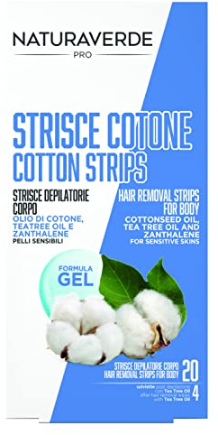 Naturaverde | PRO - Strisce Depilatorie Corpo in Cotone con Olio di Cotone | Tea Tree Oil, Zanthalene, Pelli Sensibili, Ceretta a Freddo, Depilazione a Freddo, 20 Pezzi e 4 Salviette Post Depilazione