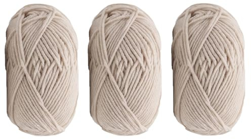 Ovillo de hilo de algodón para tejer de 50 g, hilo de lana para ganchillo, suave, grueso, para tejer a mano (3 ovillos, beige)