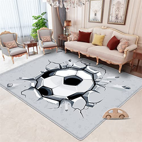 PEIHUODAN Fußball Wohnzimmer Teppich Schlafzimmer Grüner Fußballplatz Badezimmer Fußmatte Kinderteppich Junge Teen Zimmer Rutschfest Kreativer Flammenfußball Rug (Grau, 160 x 200 cm)