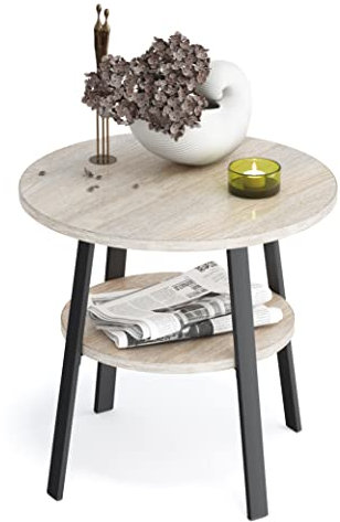 stardis Beistelltisch rund stabiles Metallgestell/Holz Ø43xH 44 cm, 2 Ablagen Nachttisch Couchtisch für Wohnzimmer Schlafzimmer, Eiche-Optik