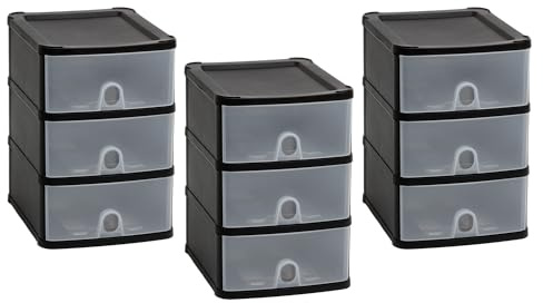 Set of 3- Plastic 3 Tier Drawer Storage Tower Unit Modular Storage Cabinet Chest Drawer Office Files Home Makeup Organiser Multipurpose Space Saving For Stationery School Garage Bathroom (Clear/Black)