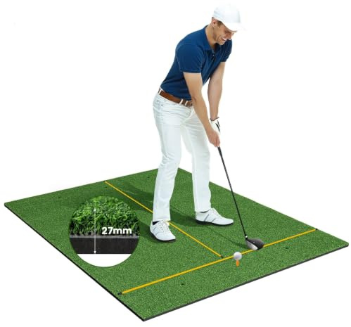COSTWAY Tapete de Golf 3 en 1, Alfombrilla de Golf Césped Sintético, Densidad 32 mm, 2 Tees de Golf/2 Palos de Alineación, 3 Orificios Perforados para Tees, Uso Interno y Externo (152 x 117 cm/32mm)