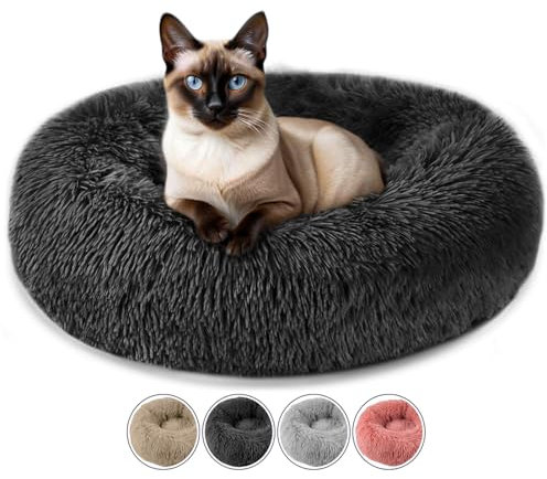 ELYF Plush Donut Cat Bed for Indoor Cats (50cm) - Calming Dog Bed Self-Warming Round Pet Cushion with Anti-Slip, Waterproof Base & Reversible Design, Machine Washable - Dark Grey