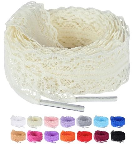 Olukssck 2 Paar Damen Flache Schnürsenkel mit Blumen Spitze und Hohle Design, 3cm Breit Ersatz Schuhbänder für Sneakers, Sportschuhe und Laufschuhe, Cremefarben, 120cm