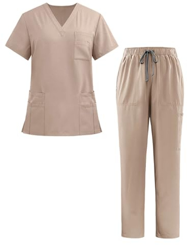 Happy Cherry Uniforme Médicale Unisexes Ensemble Blouse Infirmiere et Pantalons Tenue Aide Soignante Vêtements de Travail Esthéticienne pour Femme Homme, Beige XL