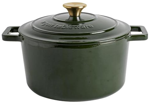 Argon Tableware 4.5L Round Cast Iron Casserole Dish with Self-Basting Lid - Green - 2.3L & 4.68L Induction Hob Cooking 4.75QT Dutch Oven Bread Baking Serving Roasting Stew Stock Pot Cookware Pan