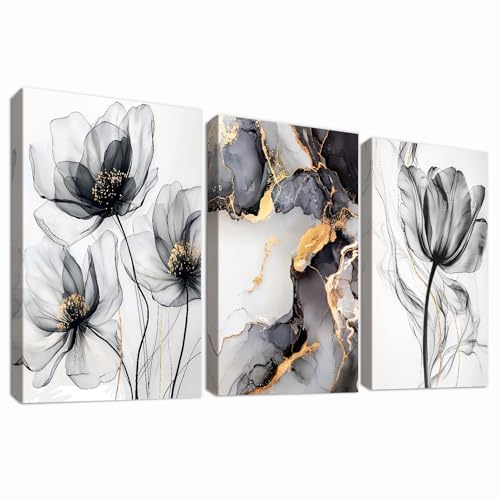 3 Pcs Wooden Framed Canvas Wall Art Canvas Prints Watercolour Poppy Flowers Painting Marble Black Ash Gold Abstract Pictures for Living Room Bedroom Bathroom Home Wall Decoration 50x70 cm x3pcs
