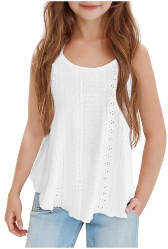 duxyoz Camisole pour fille - Débardeur fluide à œillets - Sans manches - Coupe ample - Couleur unie - Style décontracté - Bretelles spaghetti - Léger - 5 à 15 ans, Blanc 01, 14-15 ans