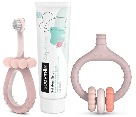 Suavinex, Kit de démarrage pour soins dentaires + brosse à dents pour bébé + masseur gingival + dentifrice pour bébé en cadeau avec poignées ergonomiques pour un usage quotidien à partir de 0 mois