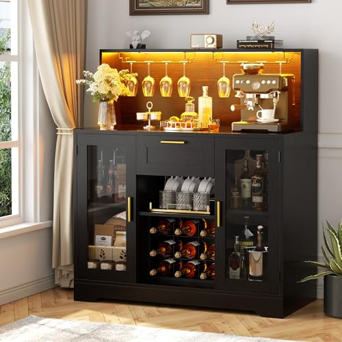 Unikito Wine Bar Cabinet with LED Light, Liquor Cabinet with Wine Rack and Glass Holder, Coffee Bar Cabinets with Drawer, Buffet Sideboard Table with Storage Shelves for Home Kitchen, Black