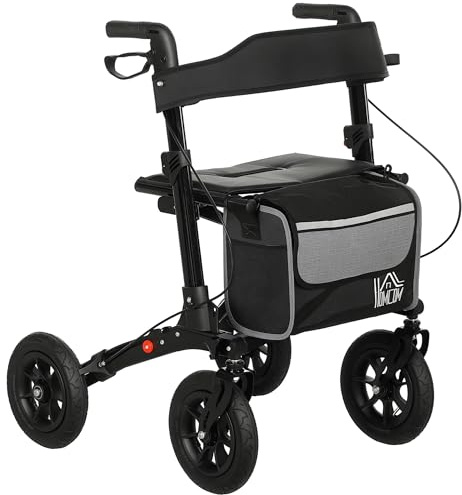 HOMCOM Déambulateur 4 roues pliable, rollator en aluminium léger, siège rembourré, dossier, poignée réglable, sac rangement, double frein, roues tout-terrain, déambulateur pour personnes âgées, noir