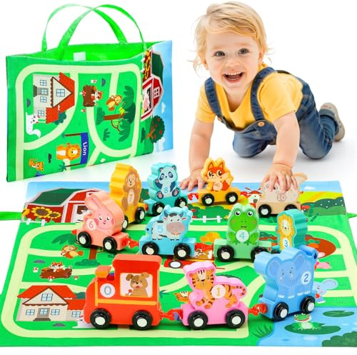 Anginne Tren Juguetes Niños 1 2 3 4 Años - Trenecito de Animales Granja de Madera con Alfombrilla para Guardar los Juegos - Montessori 1 Año, Brinquedos & Regalos Bebe, Regalo Niño 1-4 Años