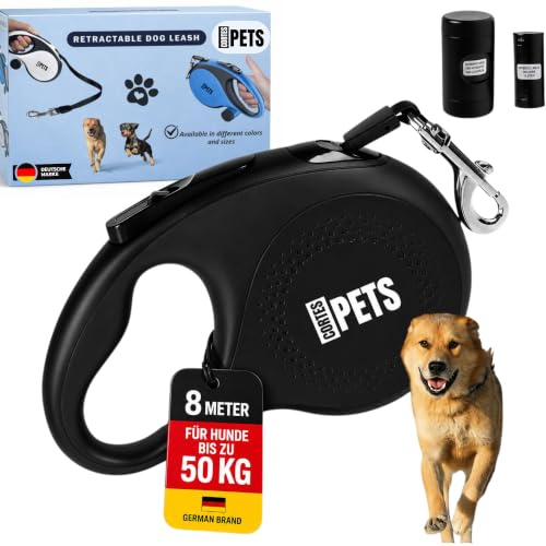 CORTES PETS rullkoppel hundkoppel 8m för stora och små hundar upp till 50 kg – utdragbart hundkoppel 8 m med bajspåse – infällbart – flexi belt – utdragbart koppel (svart, XL | 8m | 50kg)