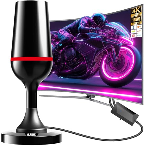 Antenna TV Interna, Antenna TV da Interna amplificata, ricezione terrestre 500 km con base magnetica stabile. Il booster integrato supporta TV 4K/1080P per canali HD locali