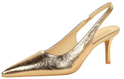 Escarpins à Talon Aiguille pour Femmes 6.5CM Bride au Talon rétro Soirée (Champagne,38)