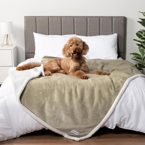PetAmi - Manta Impermeable para Cama tamaño Queen, Perros Grandes y extragrandes, para sofá, protección a Prueba de Fugas, Forro Polar Sherpa, Reversible, Suave, Lavable, 229 x 229 cm, Color Beis
