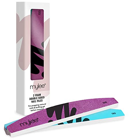Mylee Dual Grit Foam Nail Files 100/180 Grit - Pack of 2 - Professional Salon-Quality Manicure at Home, File & Contour, Suitable for Acrylic, Natural Nails and Gel Polish Removal, Prep, Shape & Repair