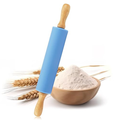 Rouleau À Pâtisserie Silicone, Rouleau Patisserie, Poignées Bois, Rouleaux À Pâtisserie, Antiadhésif Surface, Rouleau Cuisine Pour Fondant, Pizza, Gâteau Et Pâte, Taille: Diamètre 4.5 X 30.5Cm, Bleu