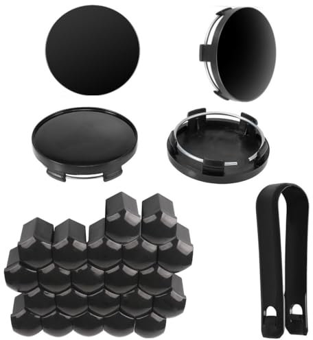 4 pezzi Coprimozzo 60mm + 20 pezzi Tappi Dado Copridadi Ruota 17mm Set Tappi Mozzo Universale Nero Compatibile con VW e Audi ecc Ruote in Alluminio + Viti ruota Centri Mozzo Tappi per Auto Dadi