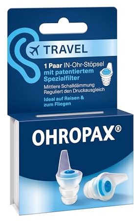 OHROPAX Travel Ohrstöpsel – patentierter Spezialfilter – reguliert Druckausgleich – Schalldämmwert SNR 16 dB – zum Reisen und Fliegen – 1 Paar Stöpsel mit eingesetztem Filter + 1 kleineres Paar