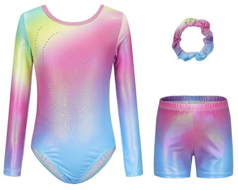 SEAUR Mädchen Turnanzug mit Hose Kinder Turnen Gymnastik Trikot Shorts Haarband Set Langarm Gymnastikanzug Tanzen Kleidung - 7-8 Jahre