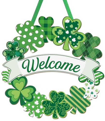 Wooden St. Patrick's Day Decoration Shamrock Door Wreath for Front Door Sign Wall Signs Shamrock Clover Spring Decoration, Irish Sign Welcome Hanging for Home Decor Party Outdoor indoor Supply