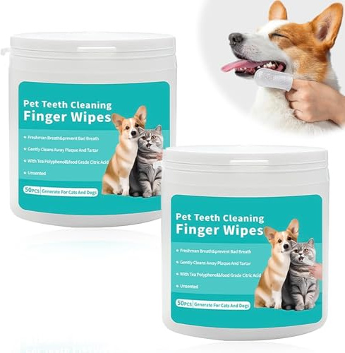 MagiSel Paquete de 2 Toallitas de Limpieza para Dientes de Perro, Toallitas para Dedos, Ambientador para el Aliento de Perros y Cuidado de Las Encías para Perros y Gatos, Limpieza Bucal de Dientes