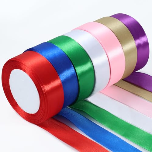 Lot de 7 rouleaux de ruban de satin de 22,8 m x 25 mm – Ruban cadeau coloré en polyester blanc, rouge, vert, violet, bleu, rose, doré – Pour emballage cadeau, Noël, anniversaire, mariage et loisirs