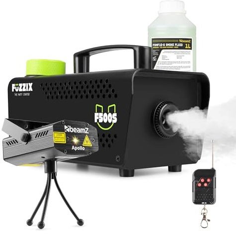 Set máquina de humo Fuzzix F500S con 1 L de líquido y láser BeamZ Apollo rojo y verde, con control remoto, efecto visual espectacular para fiestas, DJs y eventos
