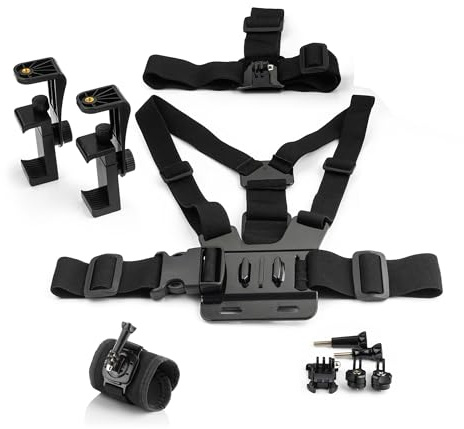 MOJOGEAR A03 set med huvud-, bröst- och handledsrem – kompatibelt med GoPro och Smartphone – ActionCam tillbehörssats med justerbart huvudband, bröstrem, handledsband och fästen