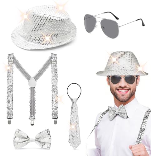 OPVYAEU set disco 5 pièces homme, paillettes argentées (chapeau, bretelles, cravate, nœud papillon, lunettes), costume glamour pour fête, Halloween, carnaval